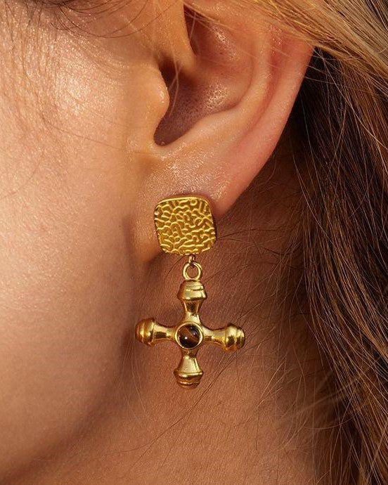 Divine Cross 18k Plated Earrings Brown