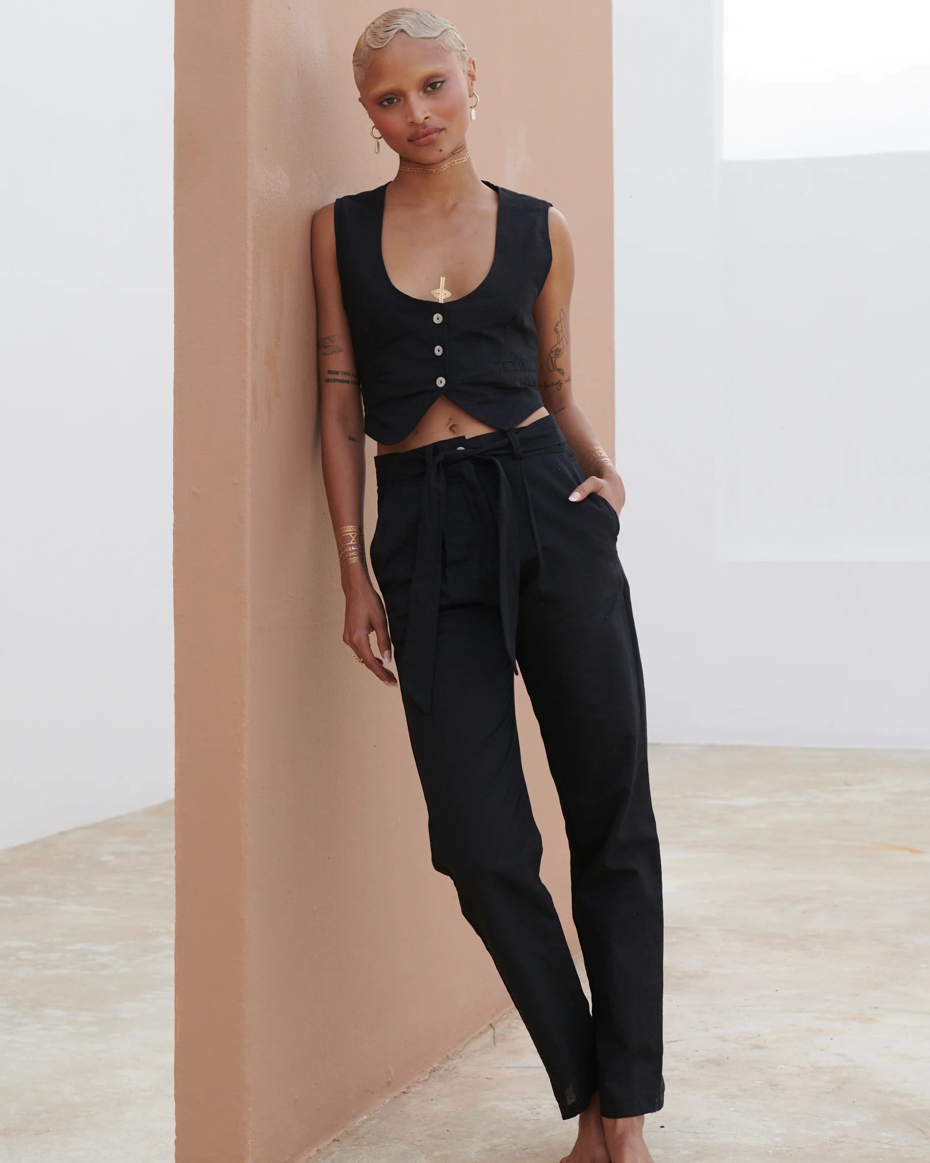 Linen Tapered Pants Black