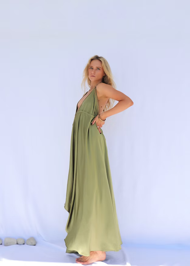 Leela Dress Gold Trim Olive