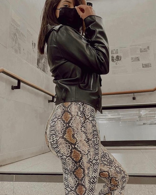 2020 Black PU Leather Leggings Casual Polyester Leopard Snake Print  Leggings Pants Women High Waist Stretch Slim Pencil Pants - AliExpress